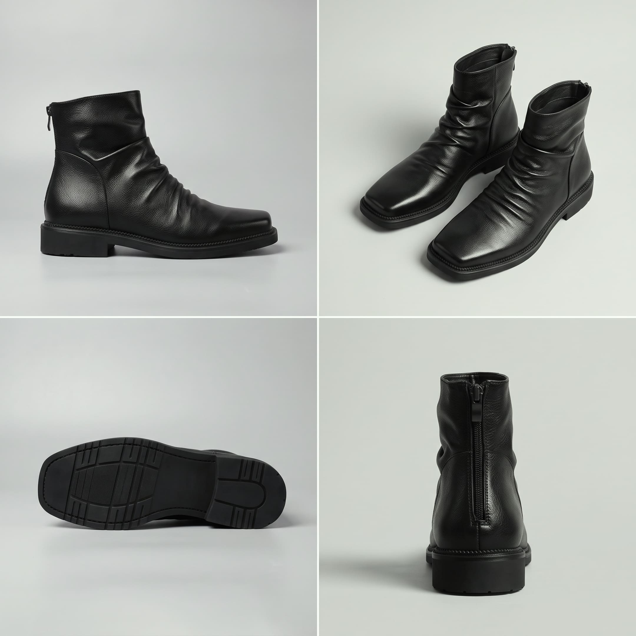 FORCIANO SALVATI black height increasing boots with smooth microfiber uppers shown in a multi-view collage with side, pair, outsole and rear views.
