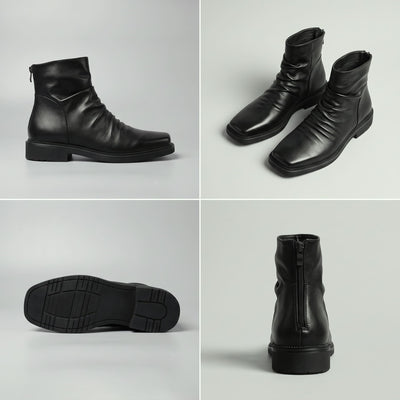 FORCIANO SALVATI black height increasing boots with smooth microfiber uppers shown in a multi-view collage with side, pair, outsole and rear views.