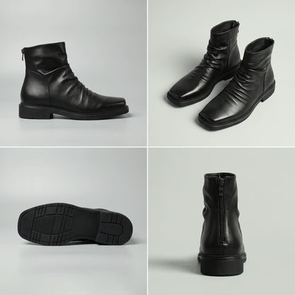 FORCIANO SALVATI black height increasing boots with smooth microfiber uppers shown in a multi-view collage with side, pair, outsole and rear views.