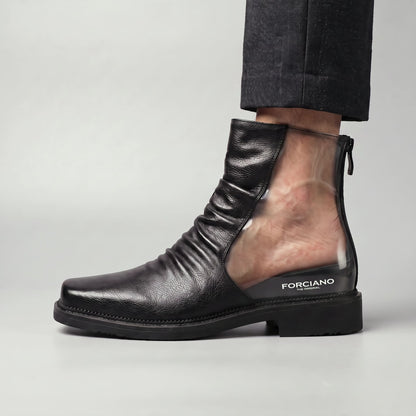 FORCIANO SALVATI black height increasing boot with smooth microfiber upper shown worn in a side cutaway view revealing the internal raised heel structure.
