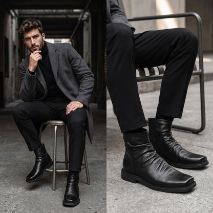 FORCIANO SALVATI black height increasing boots with smooth microfiber uppers worn with dark trousers in a seated lifestyle scene and close-up view.