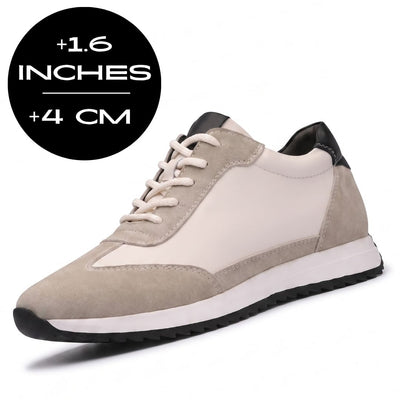 FORCIANO SALVATORE beige height increasing sneakers with cow suede upper and black accents shown with the 4 cm / 1.6 inches height graphic.