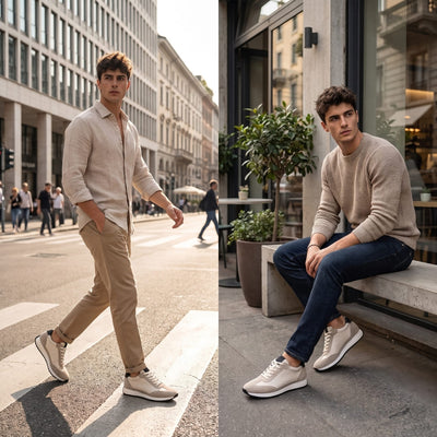 FORCIANO SALVATORE beige height increasing sneakers with cow suede uppers worn by a model in walking and seated city lifestyle views.