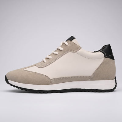 FORCIANO SALVATORE beige height increasing sneakers with cow suede upper, black accents and white midsole shown in a single-shoe side profile.