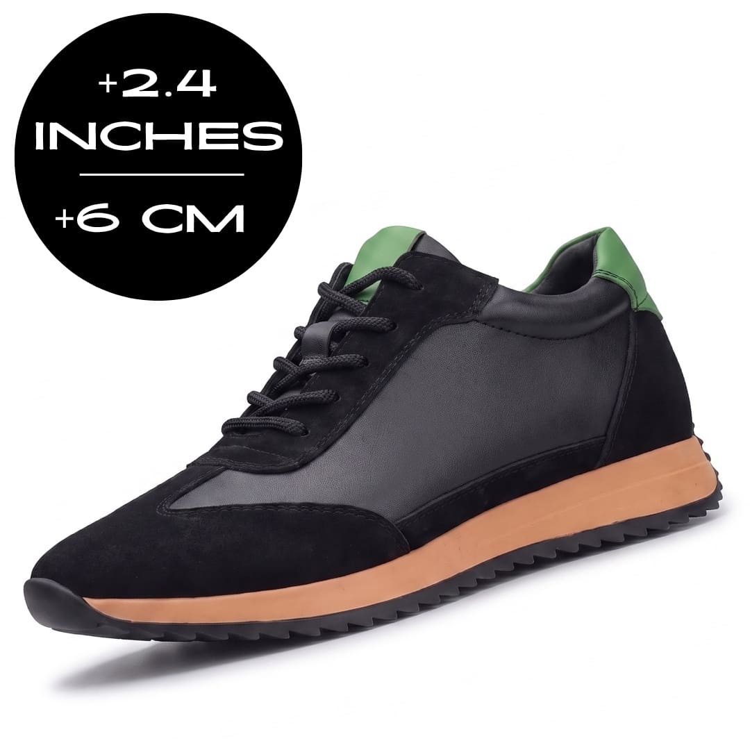FORCIANO SALVATORE black height increasing sneakers with cow suede upper and green accents shown with the 6 cm / 2.4 inches height graphic.