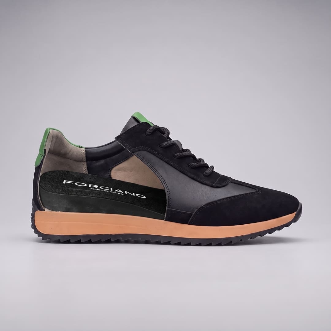 FORCIANO SALVATORE black height increasing sneakers with cow suede upper shown in side cutaway view revealing the internal lift and FORCIANO insole.