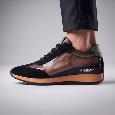 FORCIANO SALVATORE black height increasing sneakers with cow suede upper shown on foot in a cutaway side view revealing the internal lift.