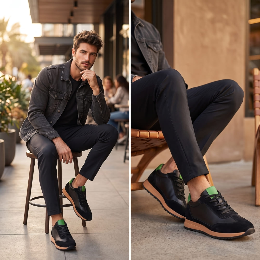 FORCIANO SALVATORE black height increasing sneakers with cow suede uppers and green accents worn by a seated model in two casual lifestyle views.