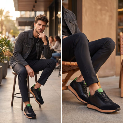 FORCIANO SALVATORE black height increasing sneakers with cow suede uppers and green accents worn by a seated model in two casual lifestyle views.