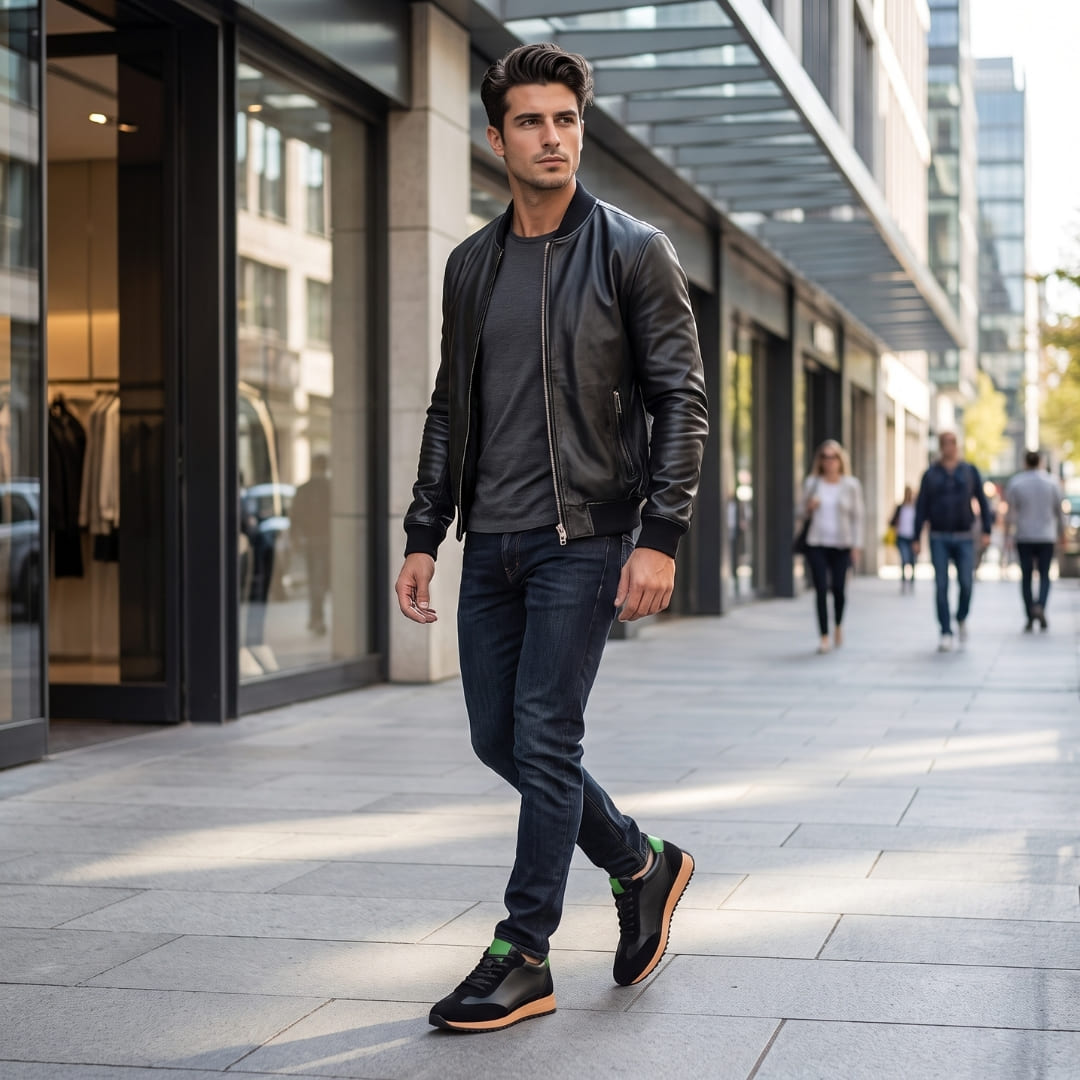 FORCIANO SALVATORE black height increasing sneakers with cow suede uppers and green accents worn by a model walking in an urban setting.