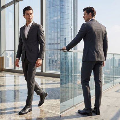FORCIANO SAVIERO black elevator boots with genuine leather and crocodile-engraved detailing worn with a dark suit in two formal lifestyle views.