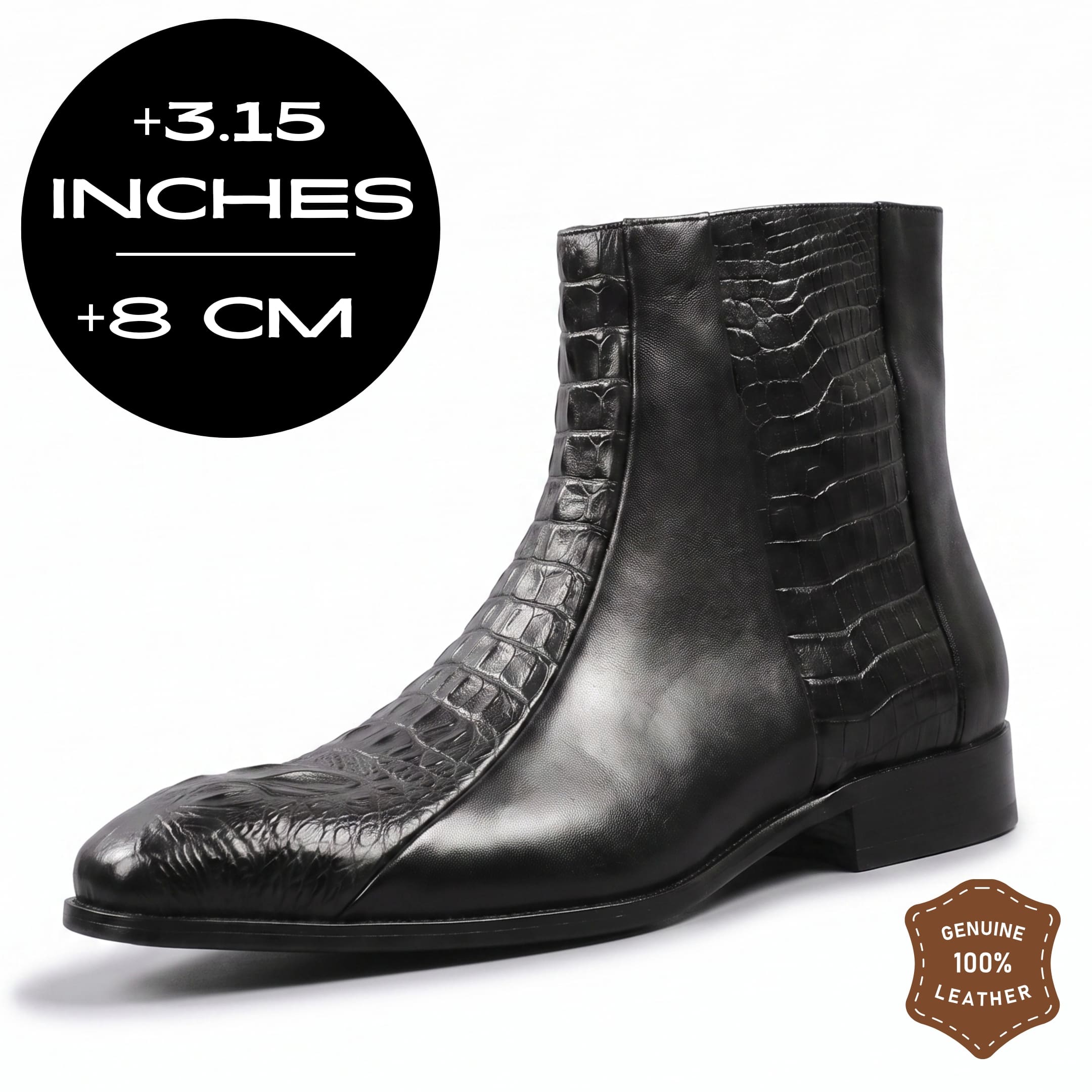 FORCIANO SAVIERO black elevator boots with genuine leather upper and crocodile-engraved finish, shown at a front-side angle with 8 cm / 3.15" height graphic.
