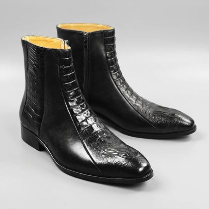 FORCIANO SAVIERO black elevator boots with genuine leather uppers and crocodile-engraved detailing, shown as a pair from a front three-quarter view.