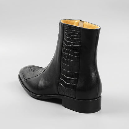 FORCIANO SAVIERO black elevator boot with genuine leather upper and crocodile-engraved rear section shown from the rear-side angle.