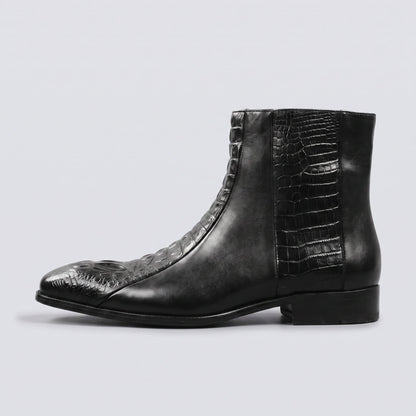 FORCIANO SAVIERO black elevator boot with genuine leather upper and crocodile-engraved detailing shown from the side.