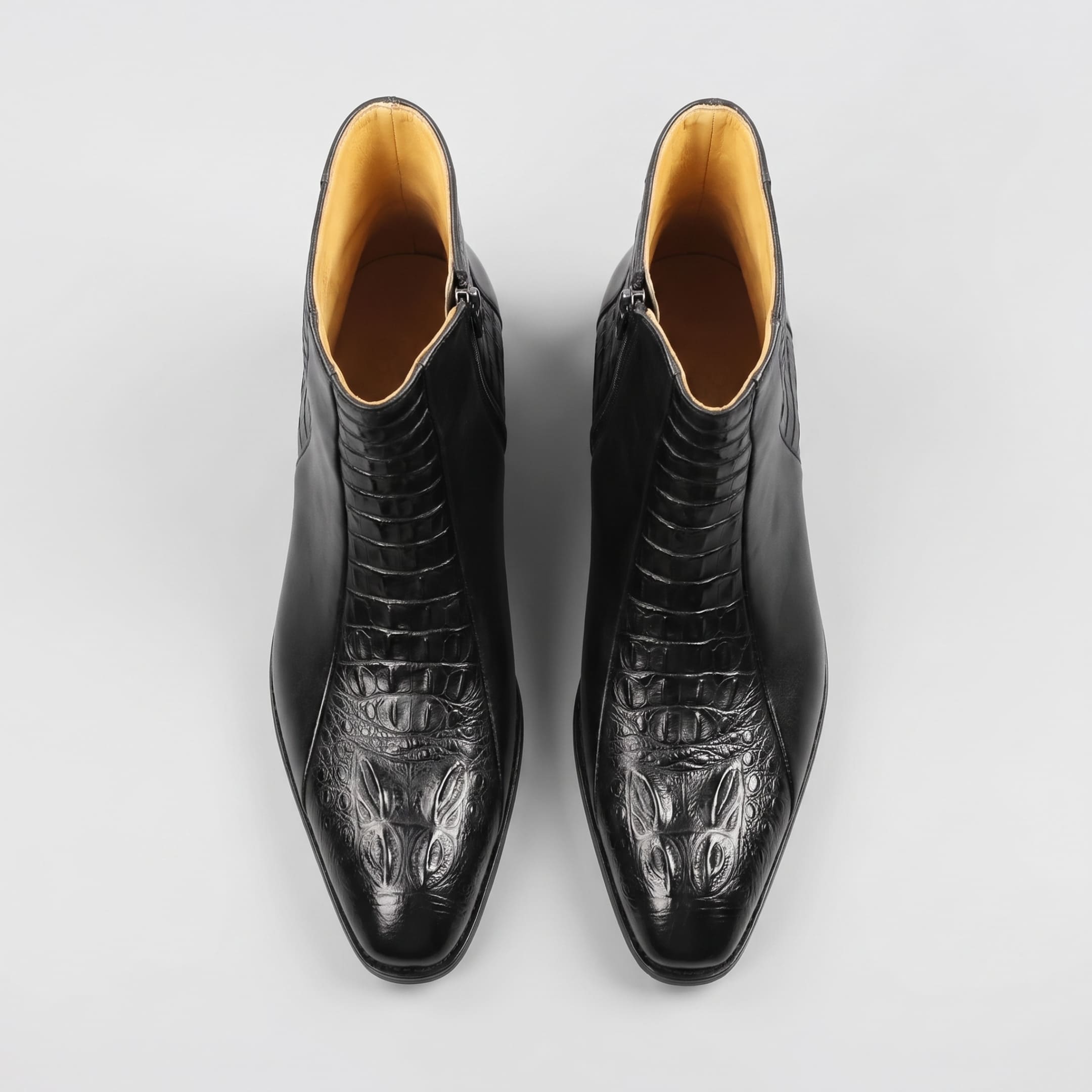 FORCIANO SAVIERO black elevator boots in genuine leather shown from the top, with crocodile-engraved front panels and visible ankle openings.
