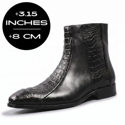 FORCIANO SAVIERO black Height Increasing Boots with crocodile-engraved finish, shown with an 8 cm / 3.15" height graphic.