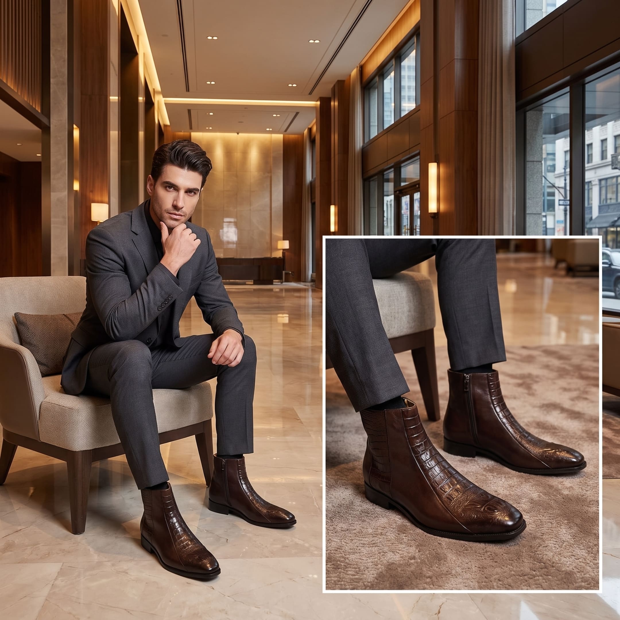 FORCIANO SAVIERO coffee elevator boots with genuine leather and crocodile-engraved detailing worn with a gray suit in a formal indoor lifestyle setting.