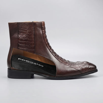 FORCIANO SAVIERO coffee genuine leather elevator boot shown in side cutaway view, revealing the hidden height increase inside the heel area.