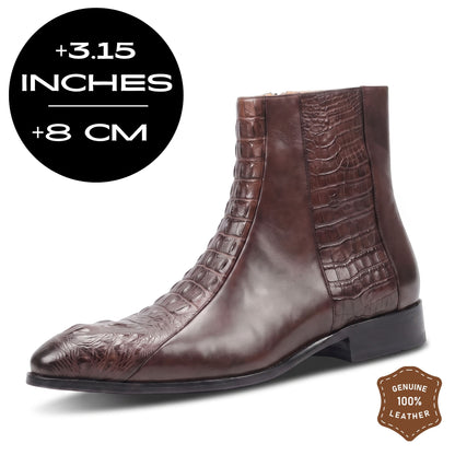 FORCIANO SAVIERO coffee elevator boots with genuine leather upper and crocodile-engraved finish, shown from a front-side angle with 8 cm / 3.15" height graphic.