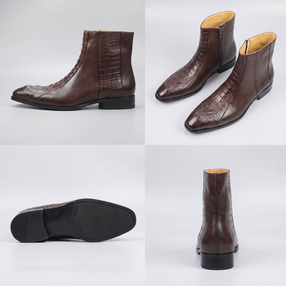 FORCIANO SAVIERO coffee elevator boots with genuine leather and crocodile-engraved finish shown in a multi-view collage with side, pair, outsole and rear views.