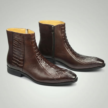 FORCIANO SAVIERO coffee elevator boots in genuine leather with crocodile-engraved fronts, displayed as a pair from a front three-quarter angle.