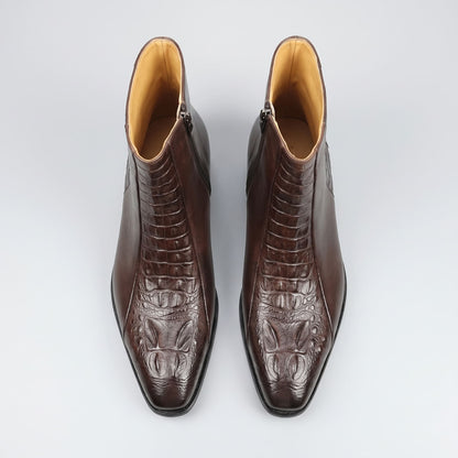 FORCIANO SAVIERO coffee elevator boots with genuine leather uppers shown as a pair from above, highlighting crocodile-engraved fronts and ankle openings.