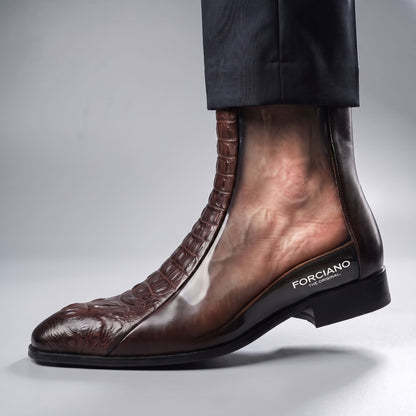 FORCIANO SAVIERO coffee genuine leather elevator boot shown worn in a side cutaway view, illustrating the discreet height increase inside the boot.