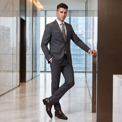 FORCIANO SAVIERO coffee elevator boots with genuine leather and crocodile-engraved finish worn by a male model with a gray formal suit.