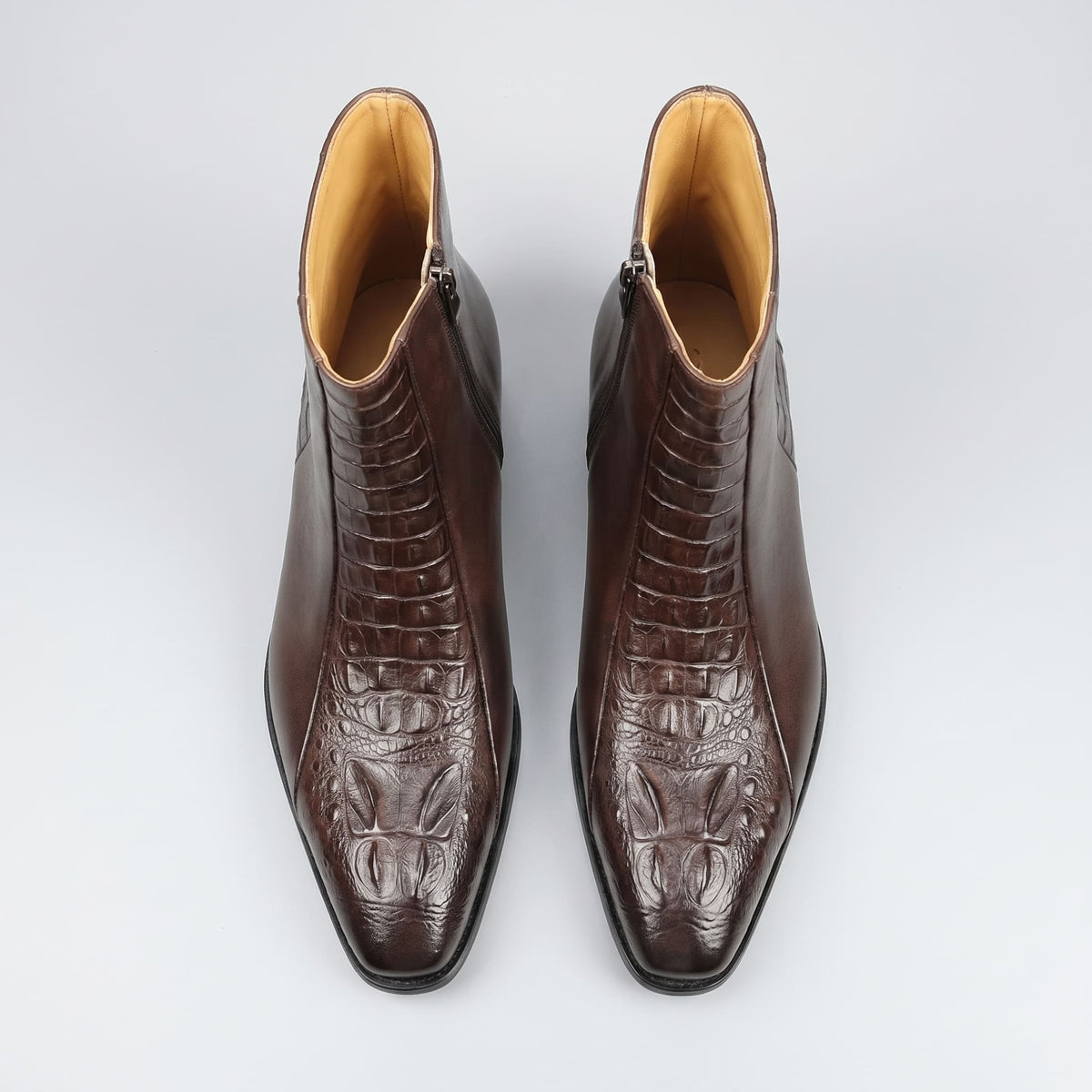 FORCIANO SAVIERO Coffee Height Increasing Boots shown as a pair from the top, highlighting upper and crocodile-engraved finish.