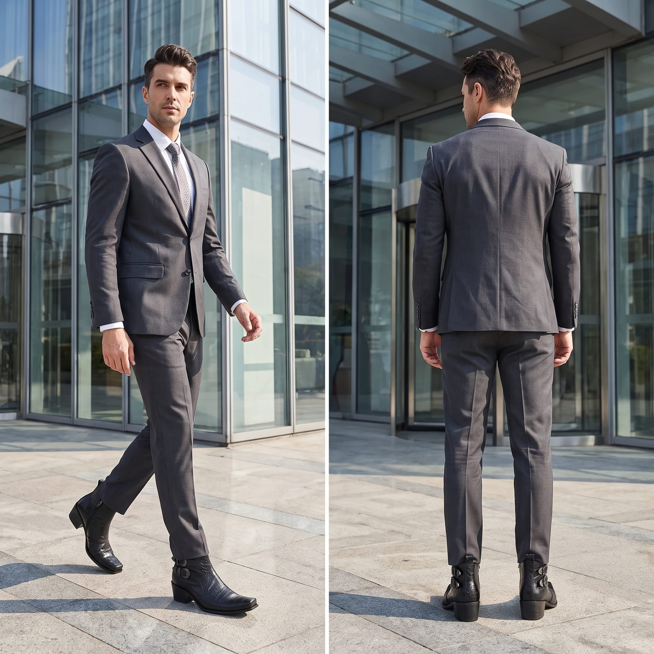 FORCIANO SCAROSSO black genuine leather height increasing boots worn by a man in a gray suit, shown in walking front and standing rear lifestyle views.