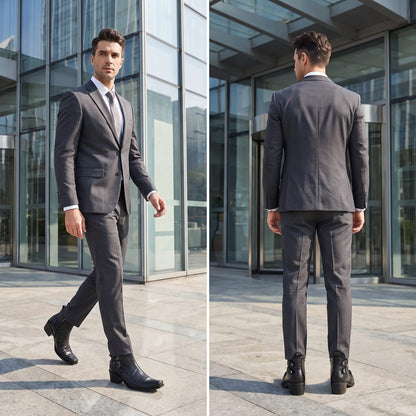 FORCIANO SCAROSSO black genuine leather height increasing boots worn by a man in a gray suit, shown in walking front and standing rear lifestyle views.