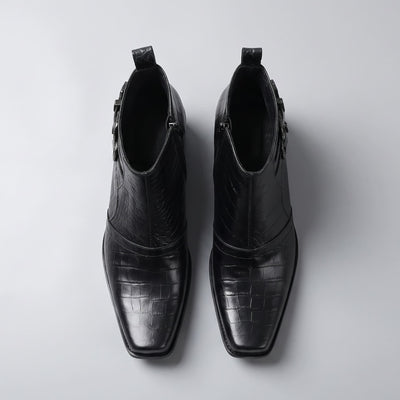 FORCIANO SCAROSSO black genuine leather height increasing boots in top view as a pair, showing textured uppers, square toes and side openings.