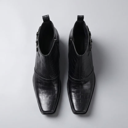 FORCIANO SCAROSSO black genuine leather height increasing boots in top view as a pair, showing textured uppers, square toes and side openings.