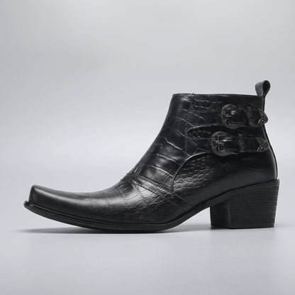 FORCIANO SCAROSSO black genuine leather height increasing boot in side profile with textured leather, two buckle straps and a block heel.