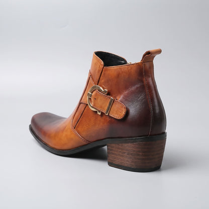 FORCIANO SCAROSSO brown genuine leather height increasing boot in rear three-quarter view showing the single buckle, back pull tab and block heel.