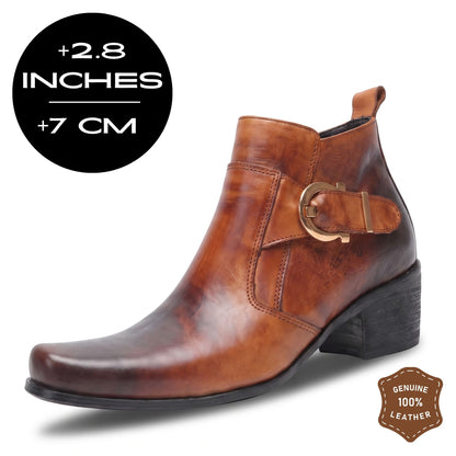 FORCIANO SCAROSSO brown genuine leather height increasing boot in front three-quarter view with buckle detail and 7 cm / 2.8" height graphic.