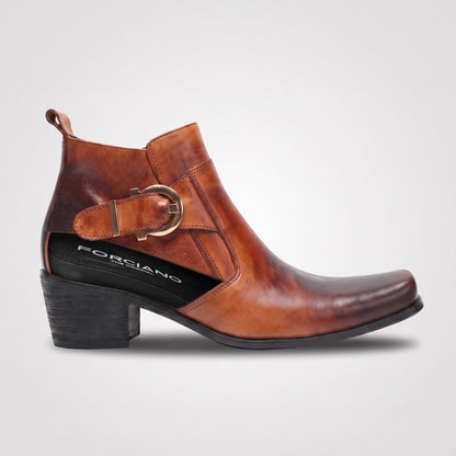 FORCIANO SCAROSSO brown genuine leather height increasing boot in a cutaway side view showing the black interior footbed, buckle detail and block heel.