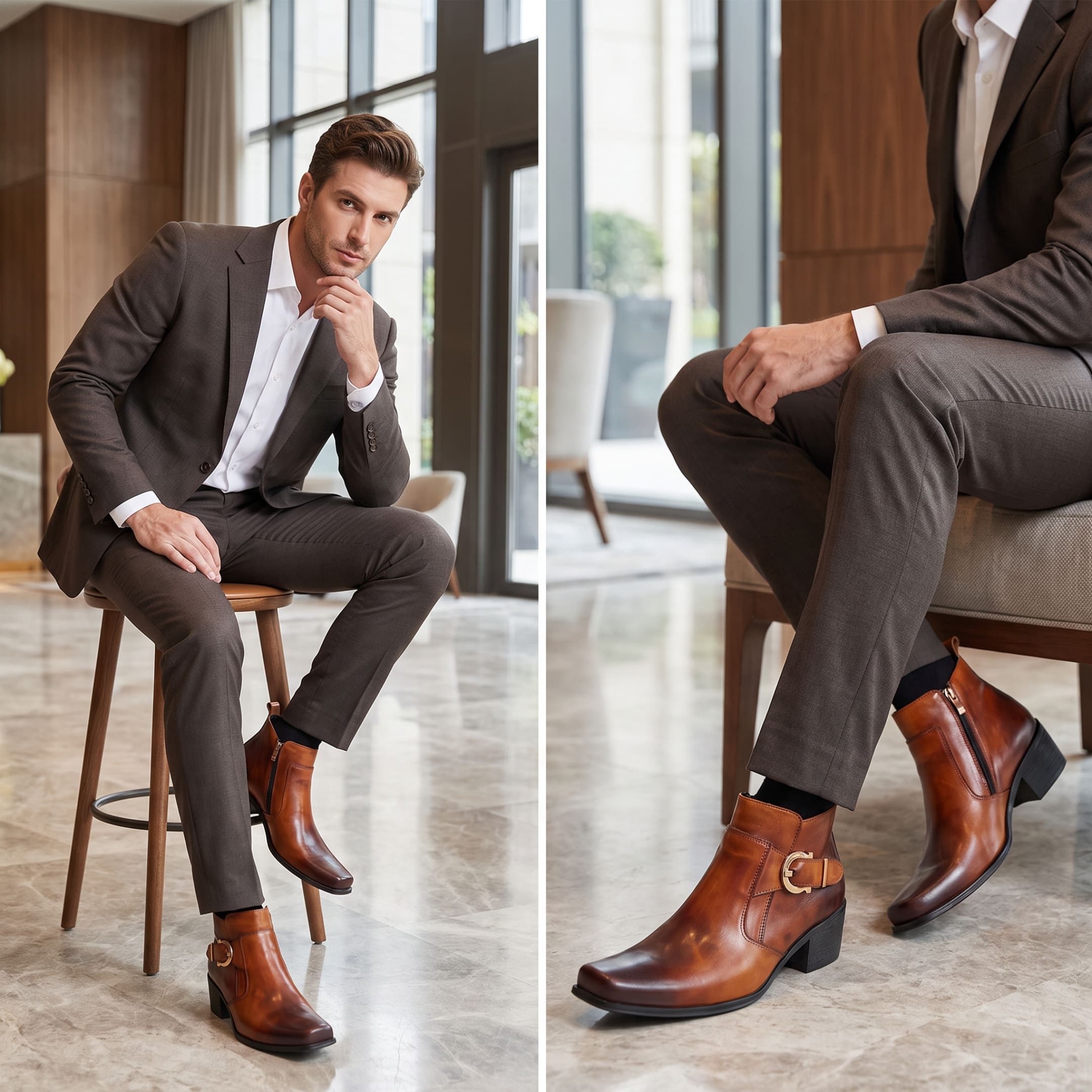 FORCIANO SCAROSSO brown genuine leather height increasing boots worn by a seated man in a suit, shown in full lifestyle and close-up on-foot views.