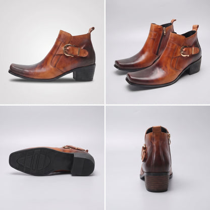 FORCIANO SCAROSSO brown genuine leather height increasing boots in a multi-view collage showing side profile, pair, outsole and rear views.