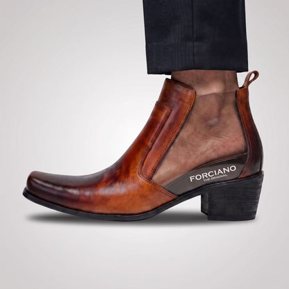 FORCIANO SCAROSSO brown genuine leather height increasing boot shown on foot in a cutaway-style side view with interior FORCIANO branding visible.