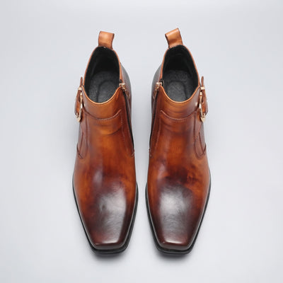 FORCIANO SCAROSSO brown genuine leather height increasing boot shown as a pair from above with square toes, side zippers and buckle details visible.