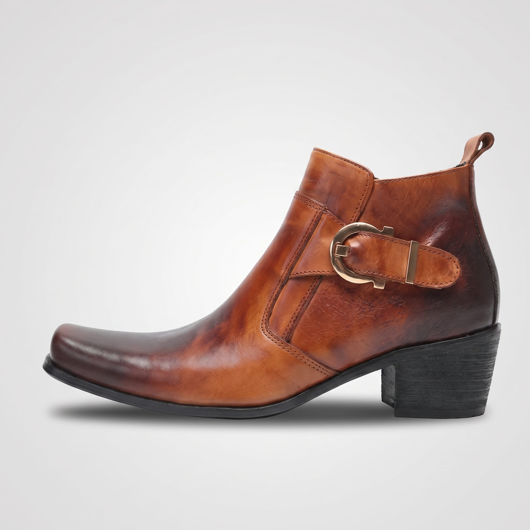 FORCIANO SCAROSSO brown genuine leather height increasing boot shown in side profile with a single buckle, ankle-height shaft and block heel.