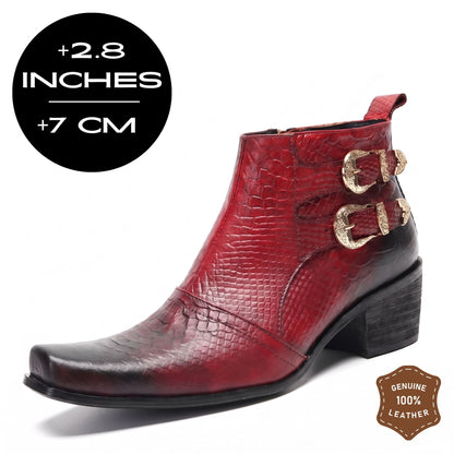 FORCIANO SCAROSSO red genuine leather height increasing boots in front three-quarter view with textured finish, double buckles and 7 cm / 2.8" height graphic.