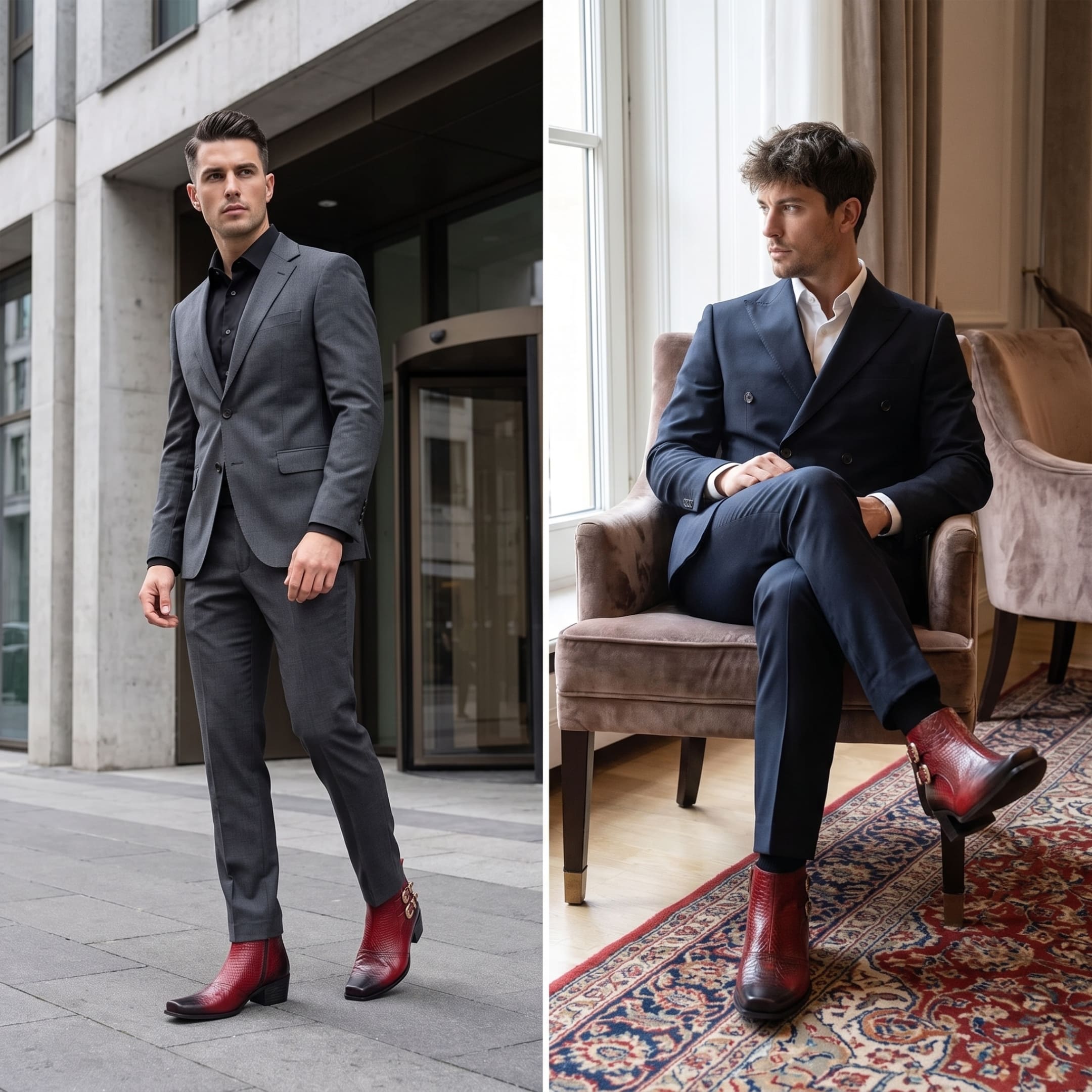 FORCIANO SCAROSSO red genuine leather height increasing boot worn with formal suits, shown in standing outdoor and seated indoor lifestyle views.