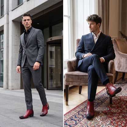 FORCIANO SCAROSSO red genuine leather height increasing boot worn with formal suits, shown in standing outdoor and seated indoor lifestyle views.