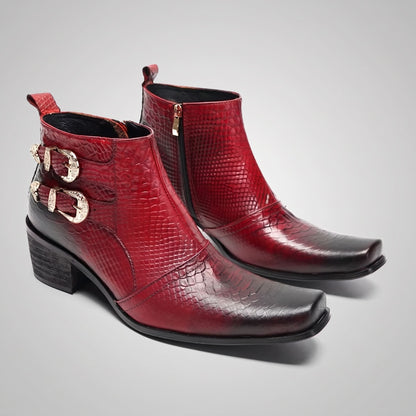 FORCIANO SCAROSSO red genuine leather height increasing boots shown as a pair from the front angle with textured uppers, double buckles and side zipper.
