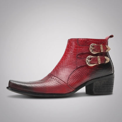 FORCIANO SCAROSSO red genuine leather height increasing boot shown from the side with textured leather, two gold-tone buckles and a block heel.