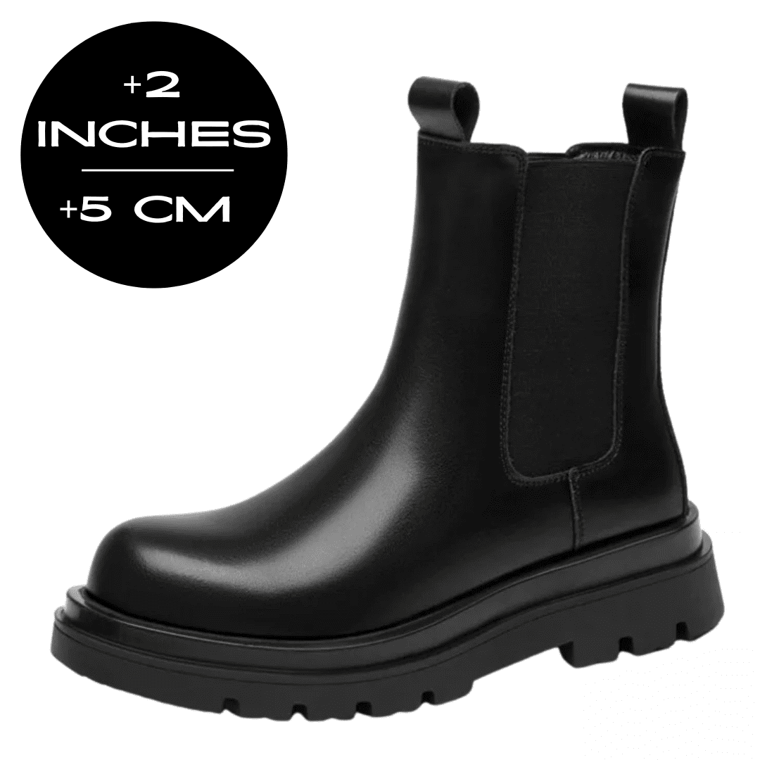 FORCIANO SENTINEL black elevator Chelsea boot product view with a 5 cm / 2 inches height increase graphic and lugged outsole.