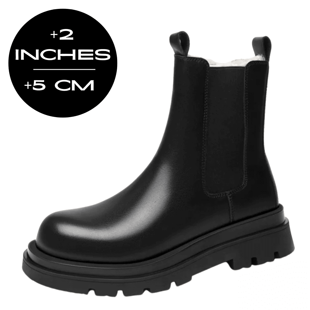 FORCIANO SENTINEL black elevator Chelsea boot in side view with a 5 cm / 2 inches height increase graphic.